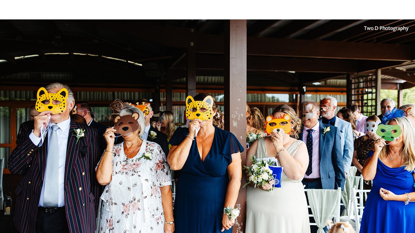 Image of wedding guests with masks high res landscape 1920x1080 photographer name cropped for banner