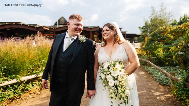 Image of couple outside woburn safari lodge credit  two d photograqphy
