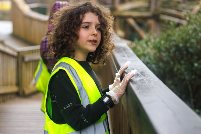 workshop child curiously looks out over enclosure bannister 