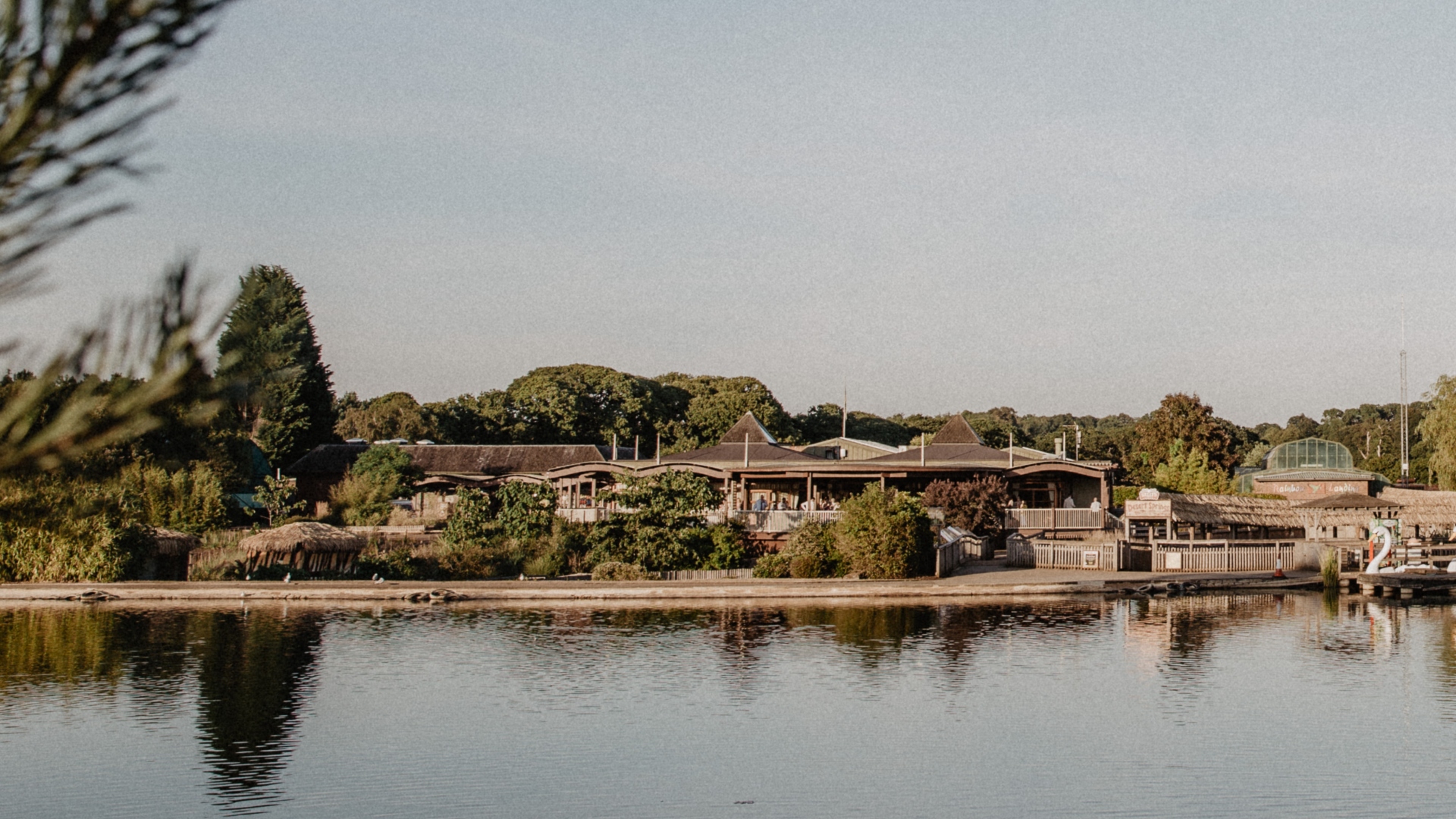 Safari Lodge overlooking Swan Lake on a summers day