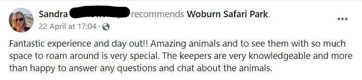 Screenshot from review from a happy customer who loved her visit to Woburn Safari Park